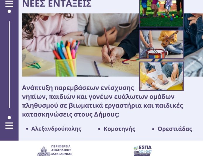 Στήριξη παιδιών και γονέων ευάλωτων ομάδων μέσω του ΕΣΠΑ Αν. Μακεδονίας – Θράκης