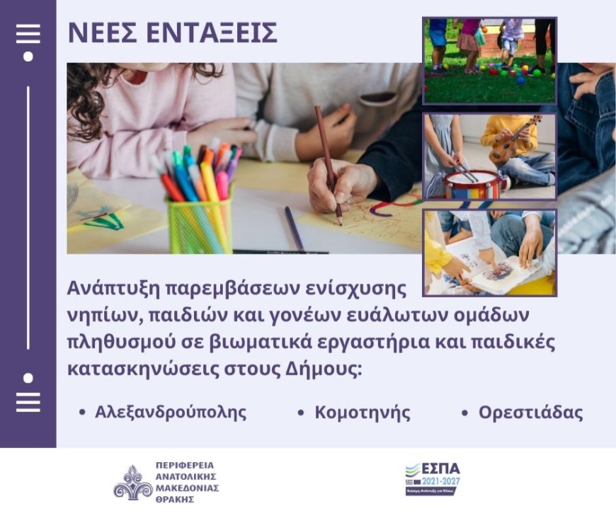 Στήριξη παιδιών και γονέων ευάλωτων ομάδων μέσω του ΕΣΠΑ Αν. Μακεδονίας – Θράκης